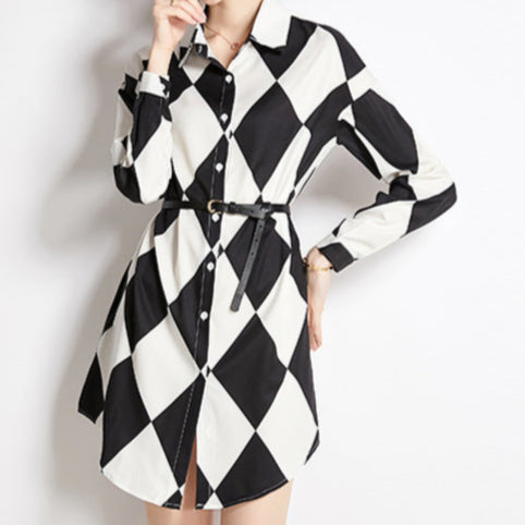 Lattice Print Lapel Long Shirt/Skirt