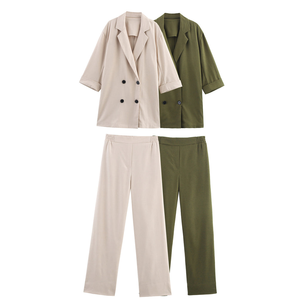 Linen Double Breasted Jacket - Wide Leg Pants Suit