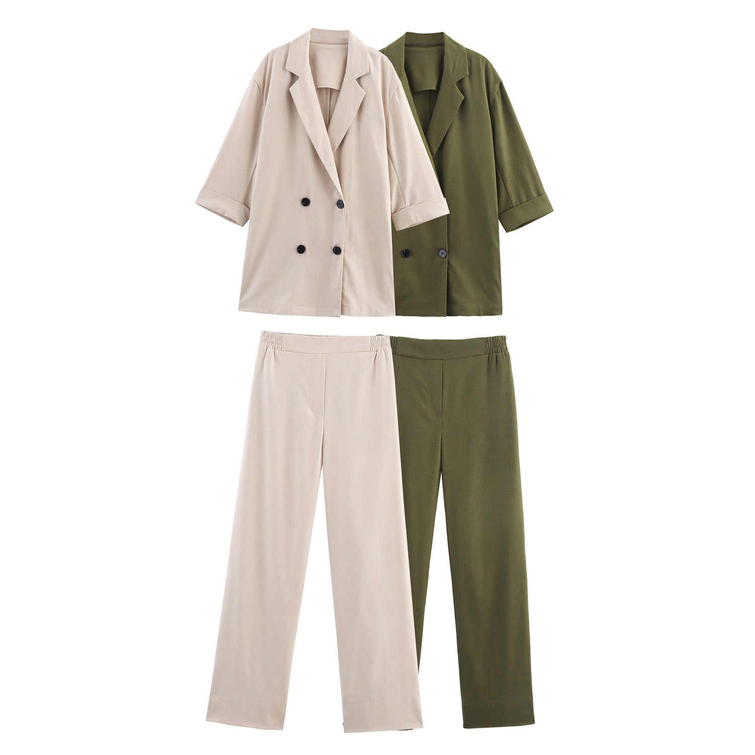 Linen Double Breasted Jacket - Wide Leg Pants Suit