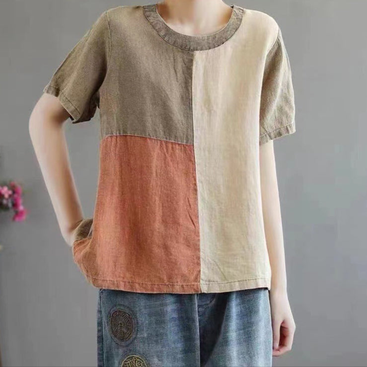 Linen Contrast Color Artistic Half-Sleeve Shirt