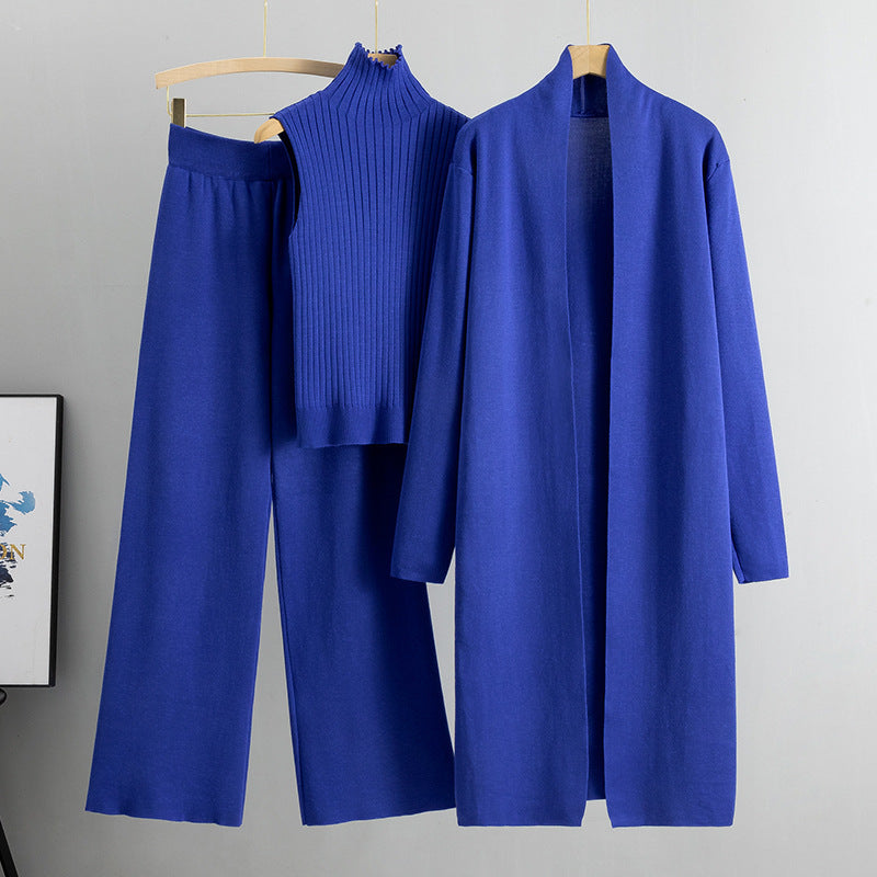 3-Piece Sleeveless Vest Long Cardigan And Wide-leg Pants - Knitted