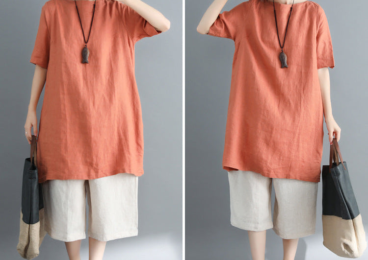 Solid Color Short Sleeve Vintage Long T-Shirt