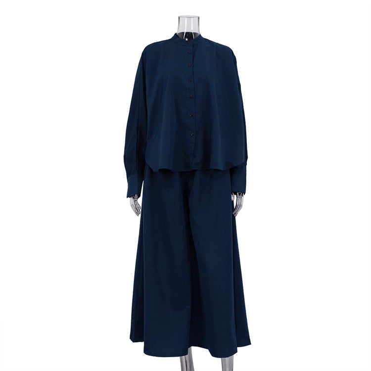Mandarin Collar Long-sleeved Shirt + Wide-Leg Pants Loose Two-piece Set