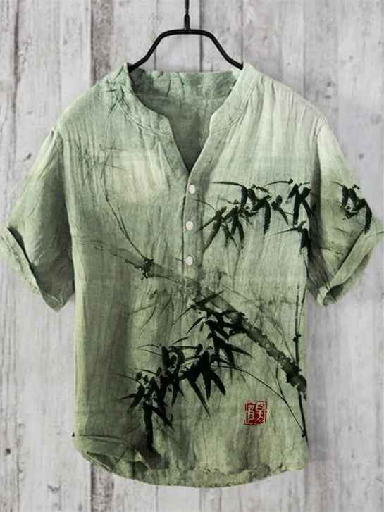 Japanese Graphic Stand Collar Short Sleeve Shirt
