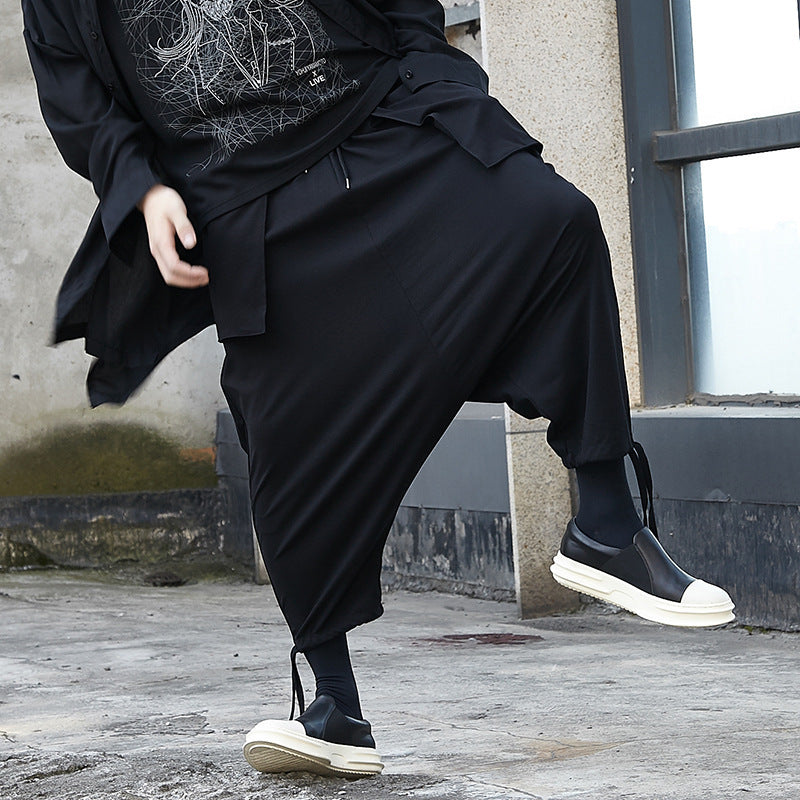 Drawstring Lantern Harem Pants - Faux Double Layer