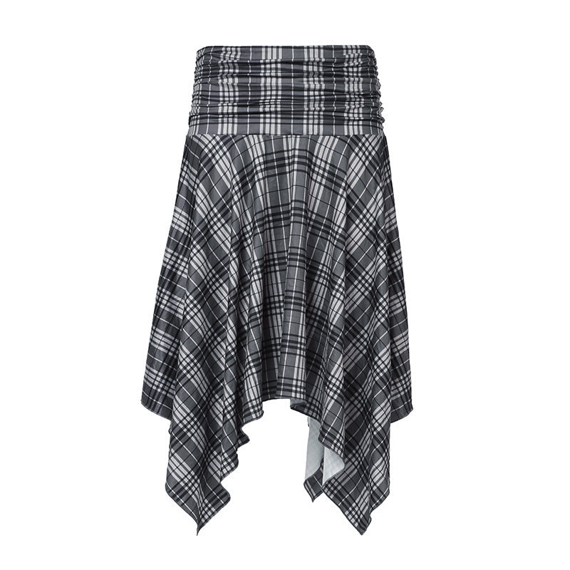 Plaid (T-shirt) Style Gray Irregular Skirt / Skirt Top