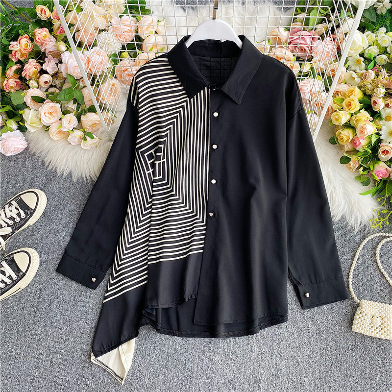 Asymmetric Long Sleeve Patterned Shirt