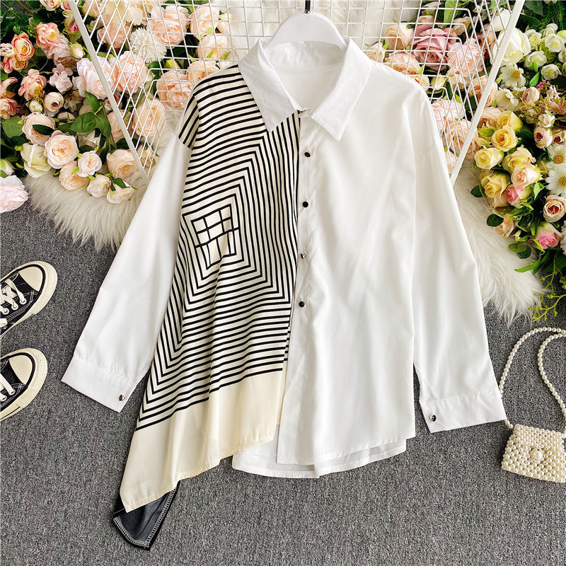 Asymmetric Long Sleeve Patterned Shirt