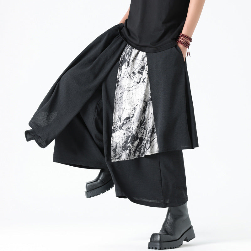 Modern Asian Style Black Layered Pants - Patterned