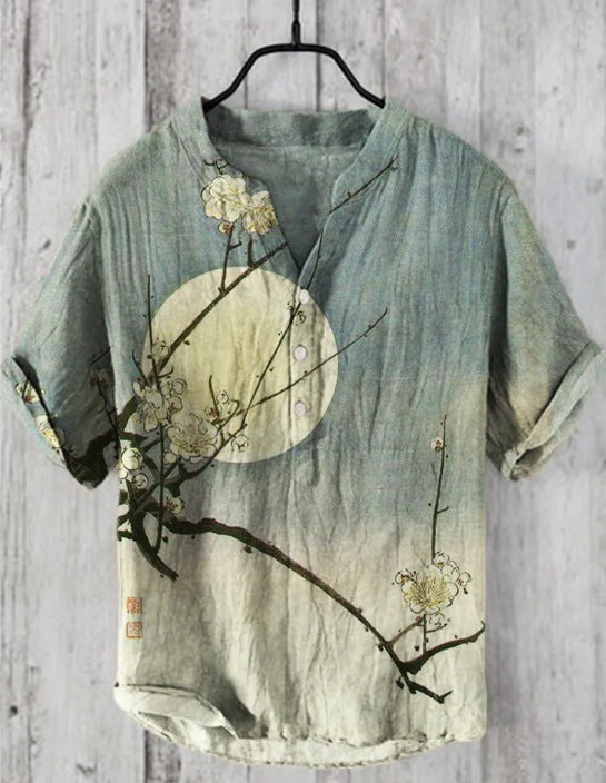 Japanese Graphic Stand Collar Short Sleeve Shirt