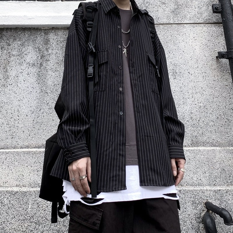 Retro Strap Striped Long-sleeved Loose Shirt
