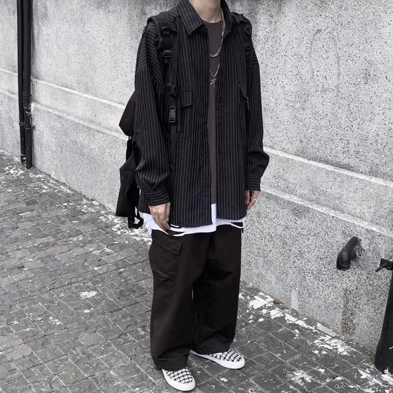 Retro Strap Striped Long-sleeved Loose Shirt