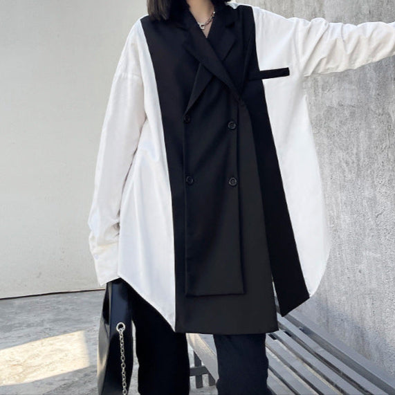 Black White Oversized Layered - Notched Collar