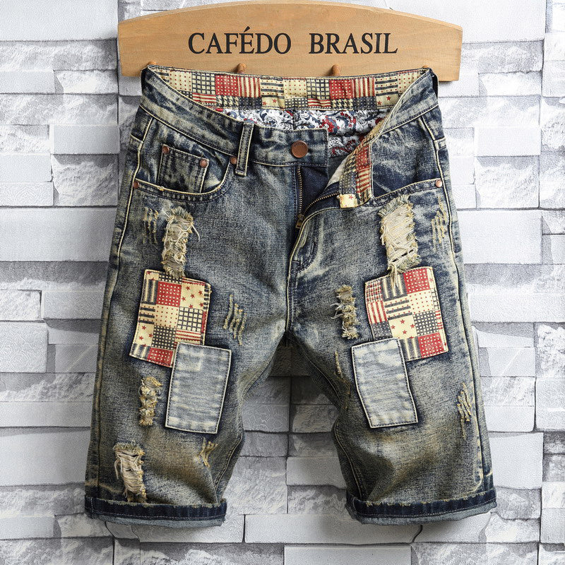 Retro Patchwork Distressed Shorts