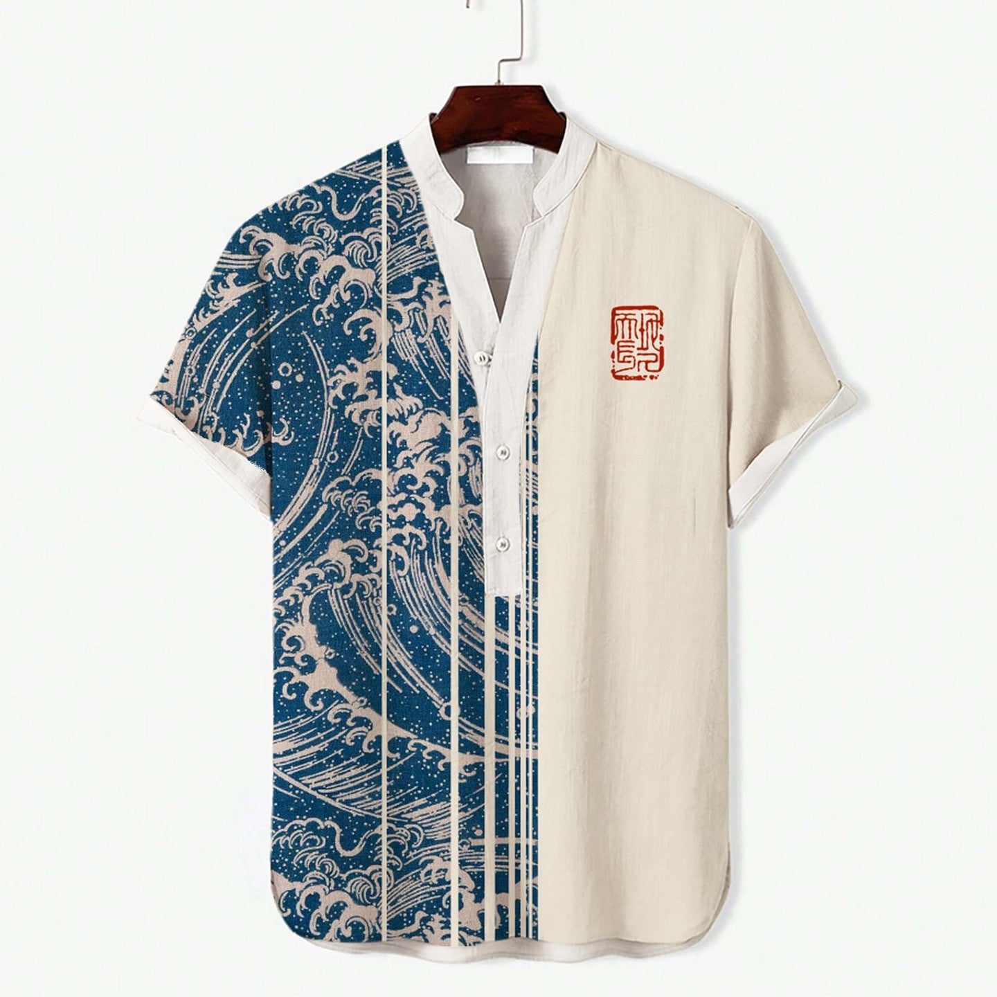 Japanese Graphic Stand Collar Short Sleeve Shirt