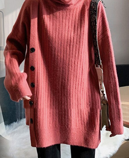 Buttoned Asymmetrical Knitted Turtleneck Sweater