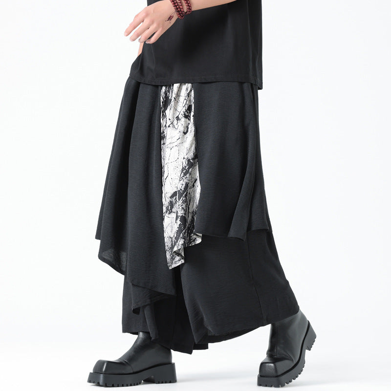 Modern Asian Style Black Layered Pants - Patterned