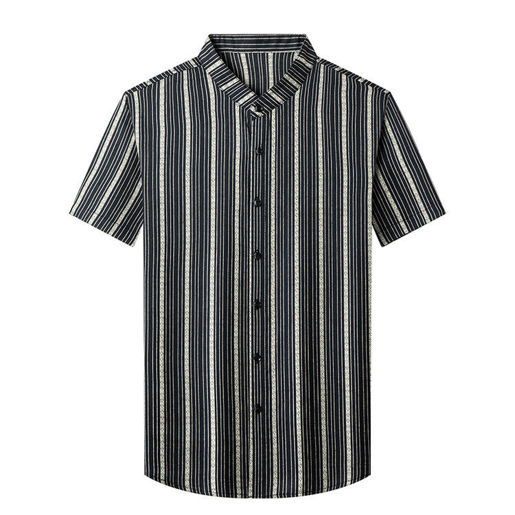 Band Collar Slim Striped Short Sleeve Shirt