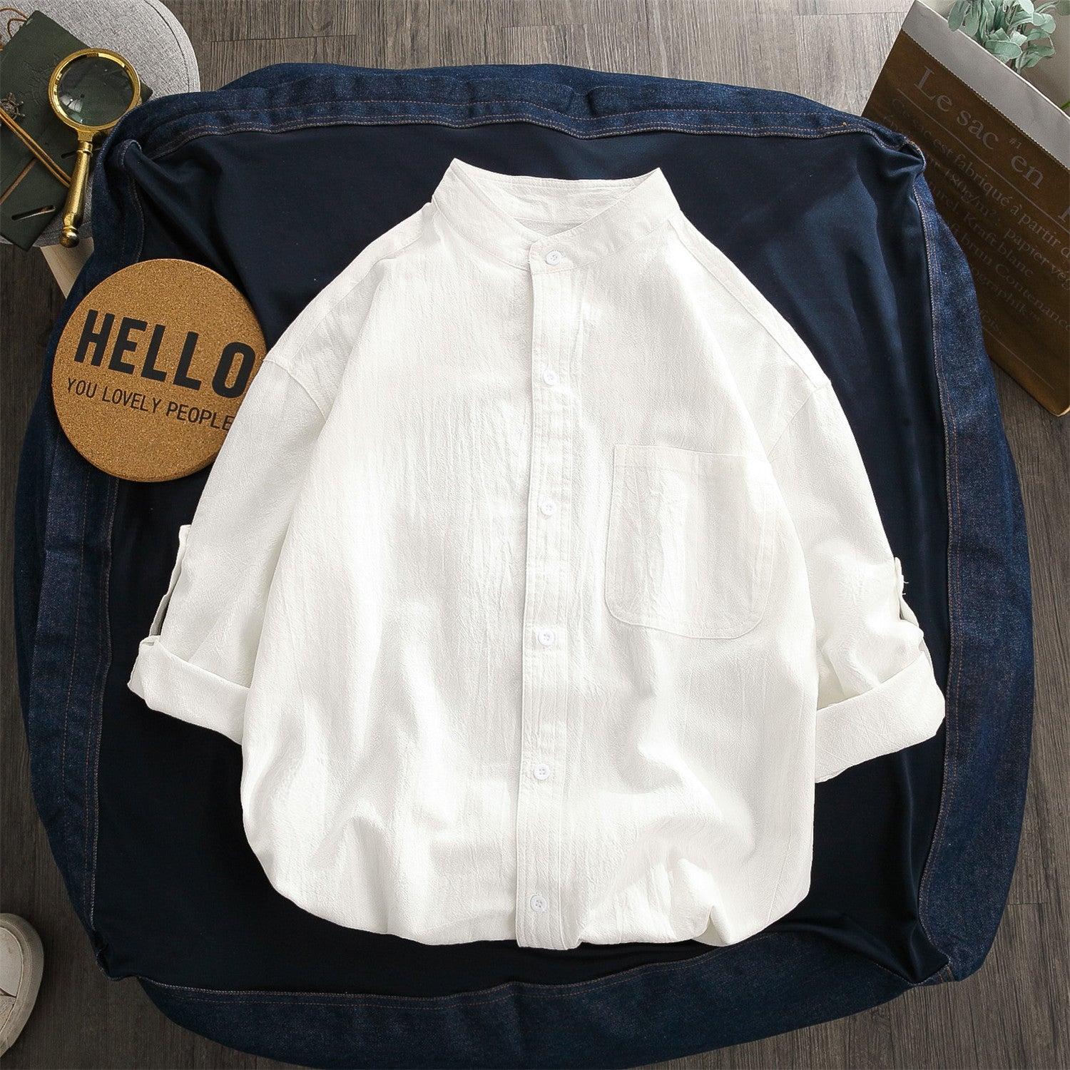Band-Collar Mid-length Sleeve Shirt