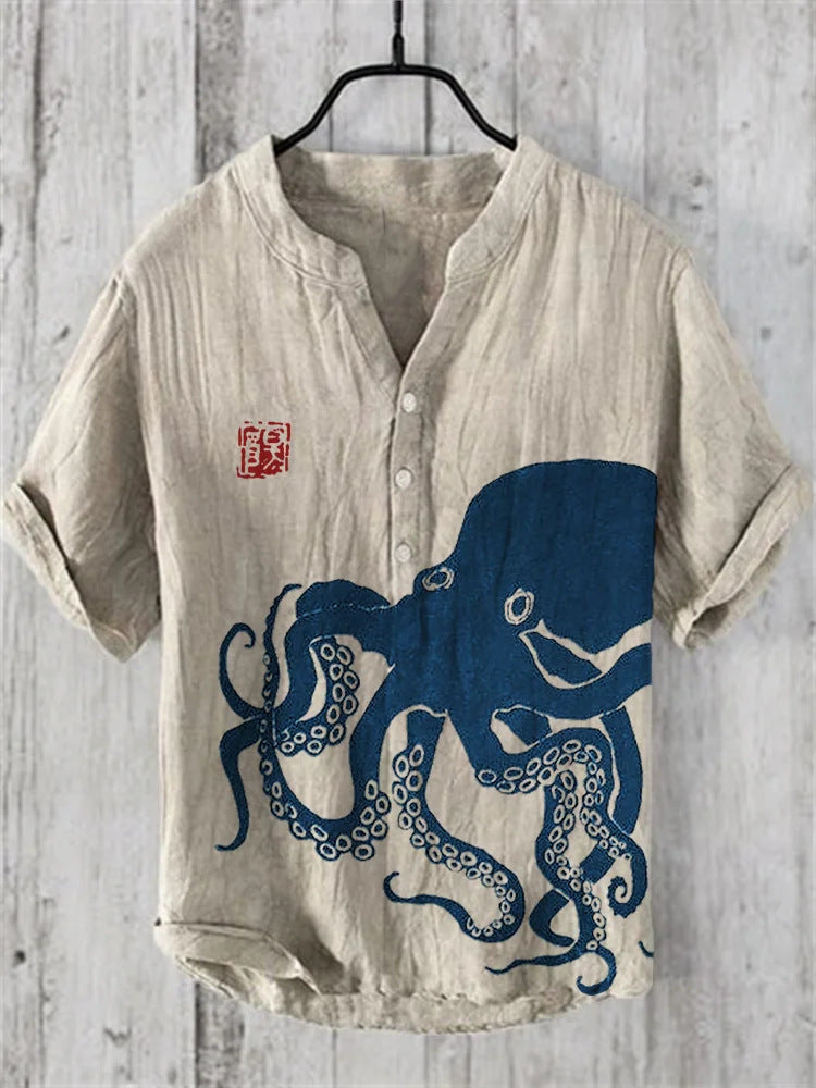 Japanese Graphic Stand Collar Short Sleeve Shirt