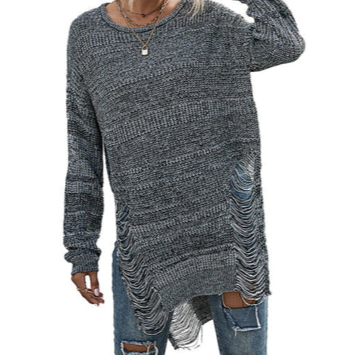 Fringed Long Loose- Knit Sweater