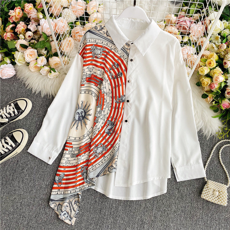 Asymmetric Long Sleeve Patterned Shirt
