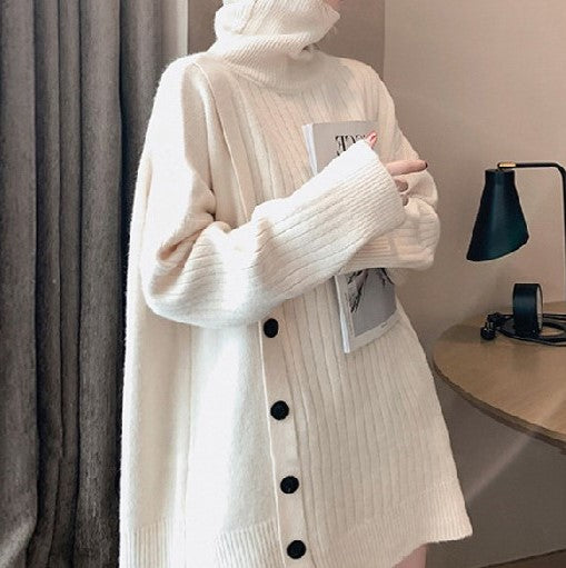 Buttoned Asymmetrical Knitted Turtleneck Sweater