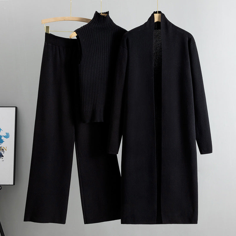 3-Piece Sleeveless Vest Long Cardigan And Wide-leg Pants - Knitted