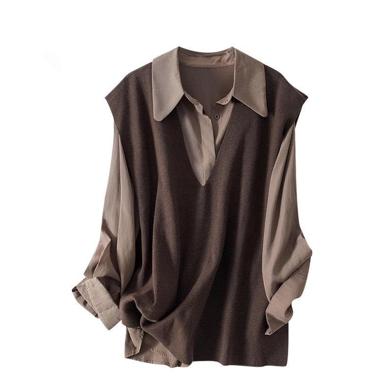 Loose Fit Knitted Vest + Long Sleeved Shirt Set