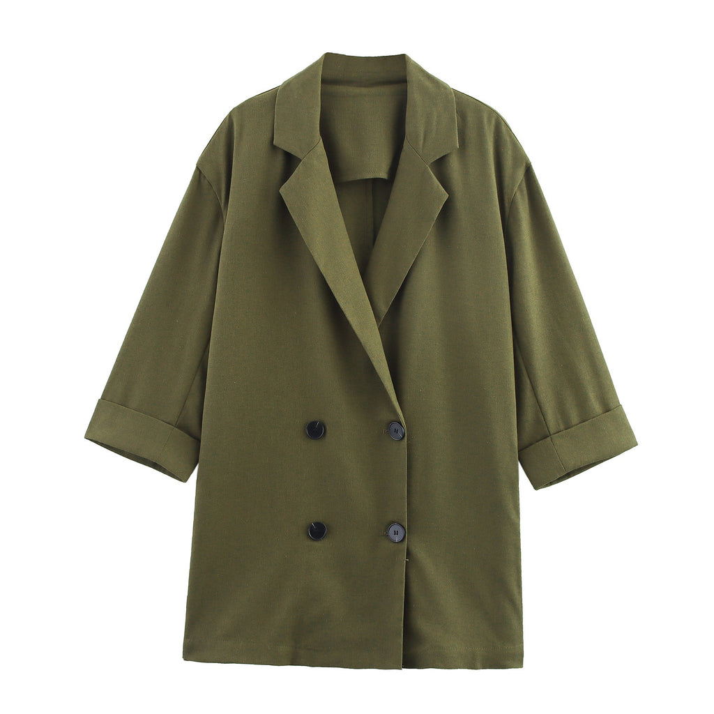 Linen Double Breasted Jacket - Wide Leg Pants Suit