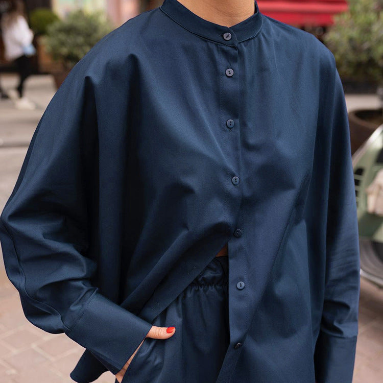 Mandarin Collar Long-sleeved Shirt + Wide-Leg Pants Loose Two-piece Set