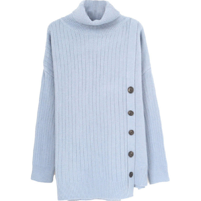 Buttoned Asymmetrical Knitted Turtleneck Sweater