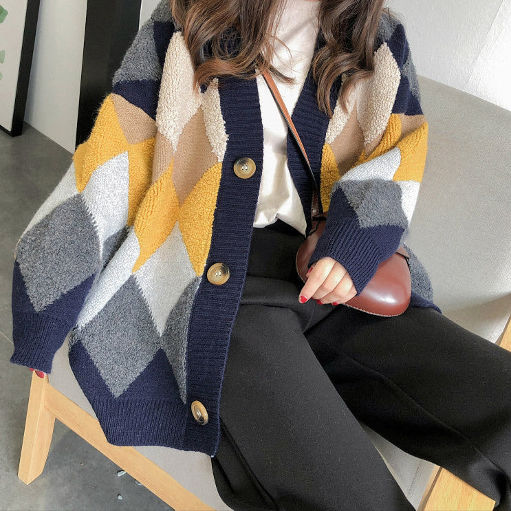 Korean Lazy Style Diamond Cardigan