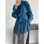Standing Collar Cross Tie Waist Top