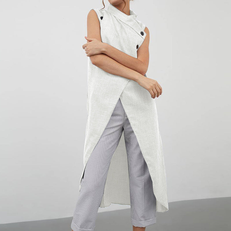 Tall Collar Large Button Sleeveless Irregular Cardigan