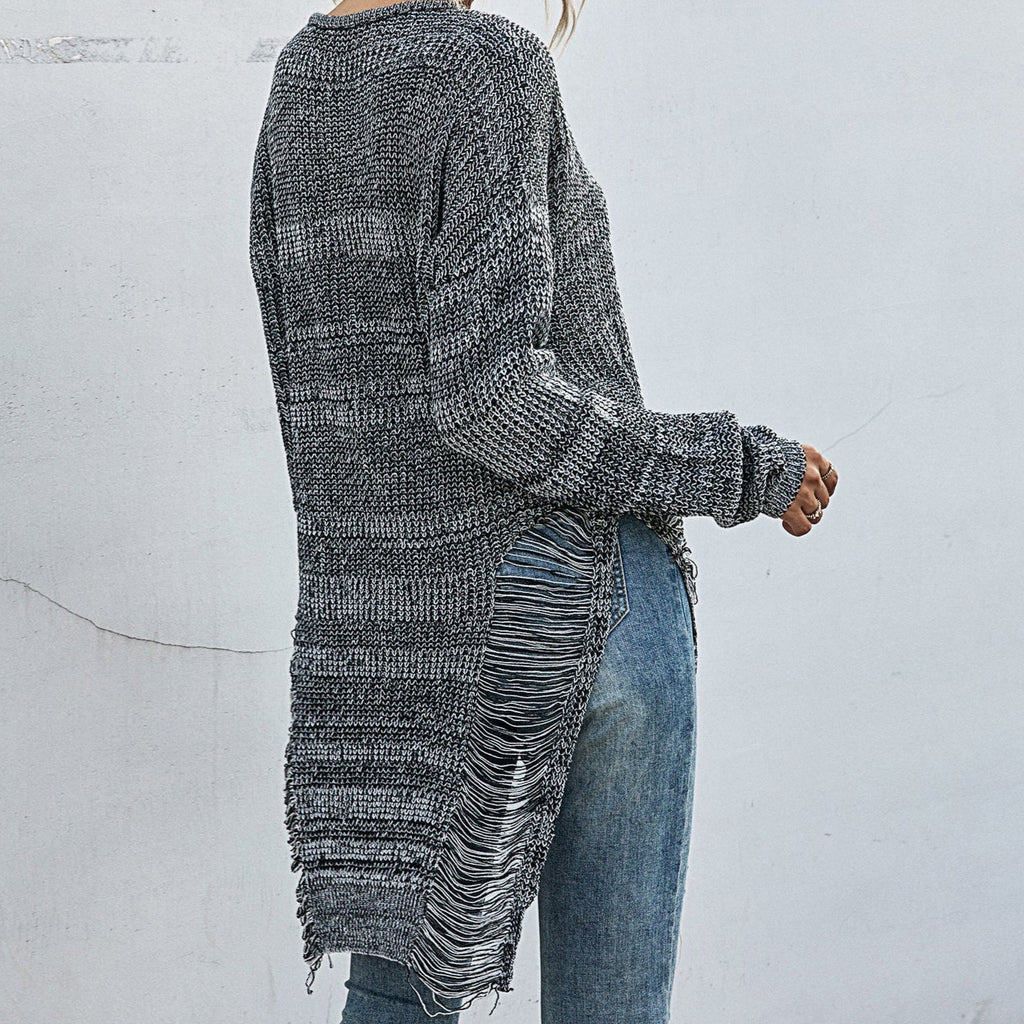 Fringed Long Loose- Knit Sweater