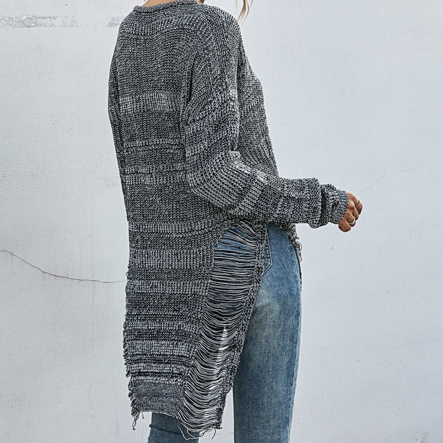 Fringed Long Loose- Knit Sweater