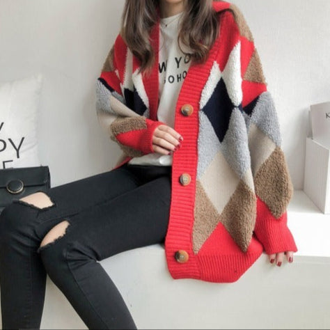 Korean Lazy Style Diamond Cardigan