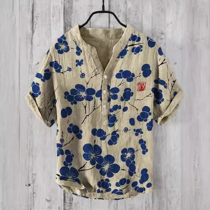 Japanese Graphic Stand Collar Short Sleeve Shirt