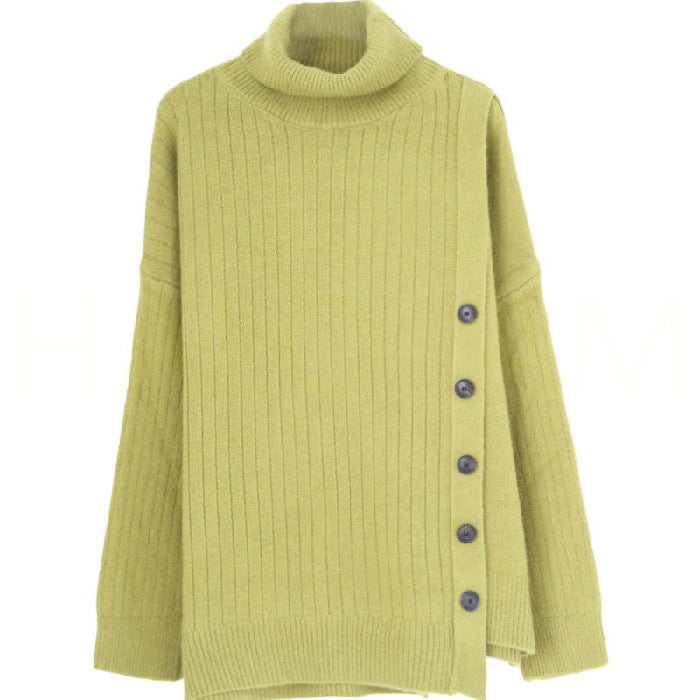 Buttoned Asymmetrical Knitted Turtleneck Sweater