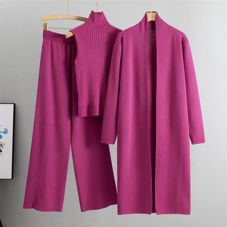 3-Piece Sleeveless Vest Long Cardigan And Wide-leg Pants - Knitted