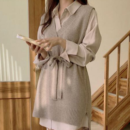 Mid-length Collar Shirt/Dress Wool Vest Two-piece Set