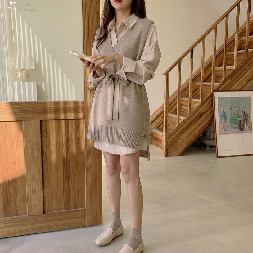 Mid-length Collar Shirt/Dress Wool Vest Two-piece Set
