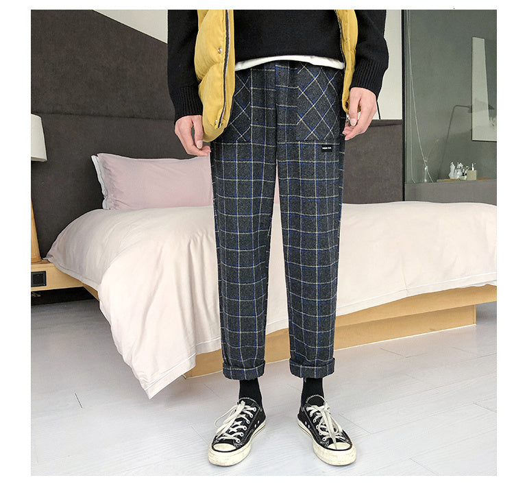 Straight plaid thick cotton pants