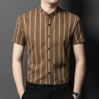 Band Collar Slim Striped Short Sleeve Shirt