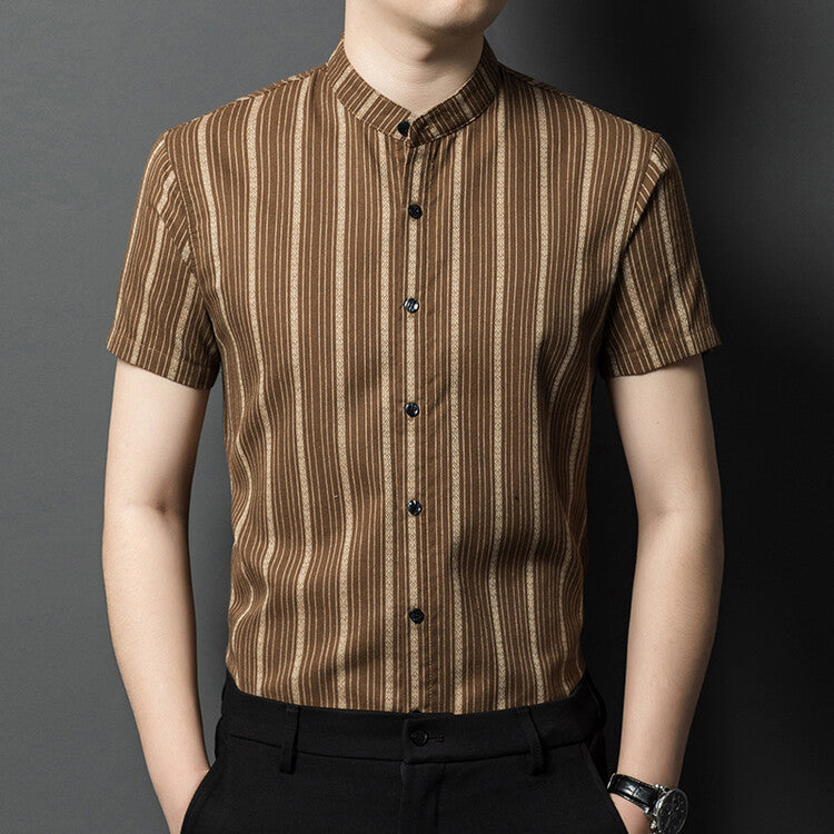 Band Collar Slim Striped Short Sleeve Shirt