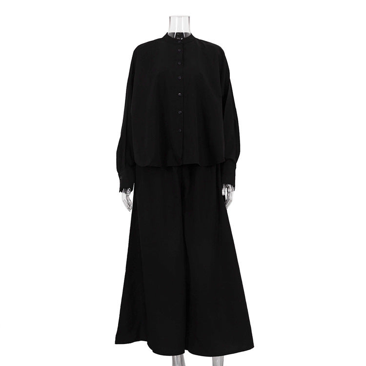 Mandarin Collar Long-sleeved Shirt + Wide-Leg Pants Loose Two-piece Set