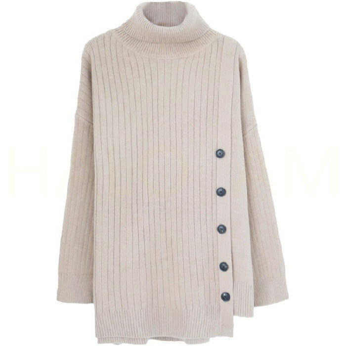Buttoned Asymmetrical Knitted Turtleneck Sweater