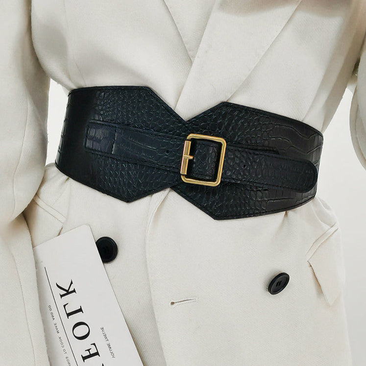 Needle Buckle Wide Elastic Belt Alligator Texture