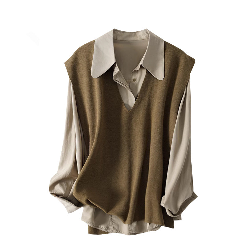 Loose Fit Knitted Vest + Long Sleeved Shirt Set